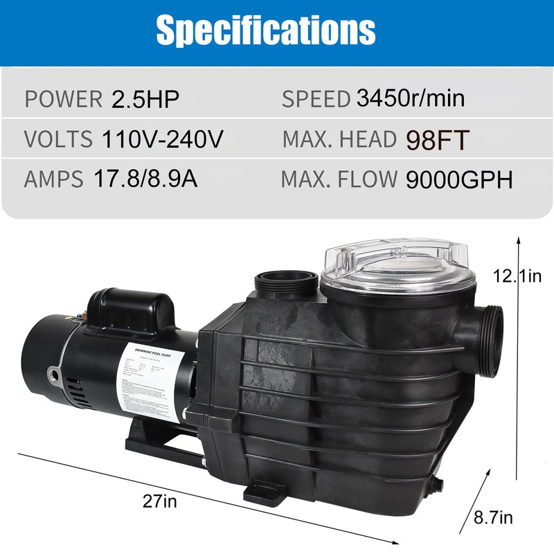 iMeshbean 2.5HP Inground Pool Pump Motor 9000GPH 98FT Head Lift 2" NPT 110-240V gallery