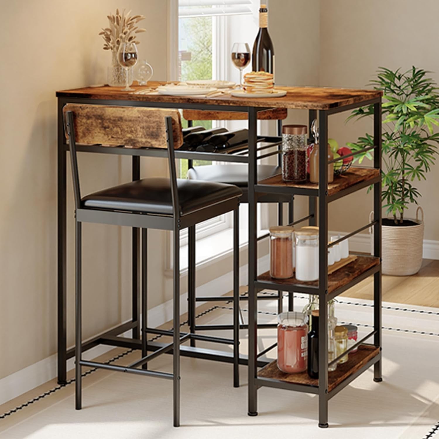 3PCS Dining Table Set w/ 2 Upholstered Bar Stool Wine Rack Kitchen Dining Room gallery