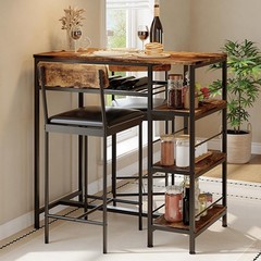 3PCS Dining Table Set w/ 2 Upholstered Bar Stool Wine Rack Kitchen Dining Room
