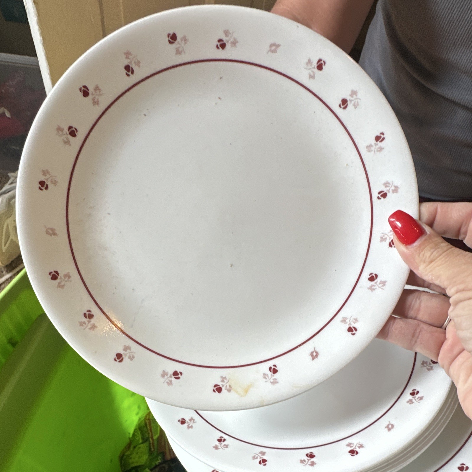 Ceramic Dinner Plate White with Burgundy Rim Floral Border, Round Smooth set 8 gallery