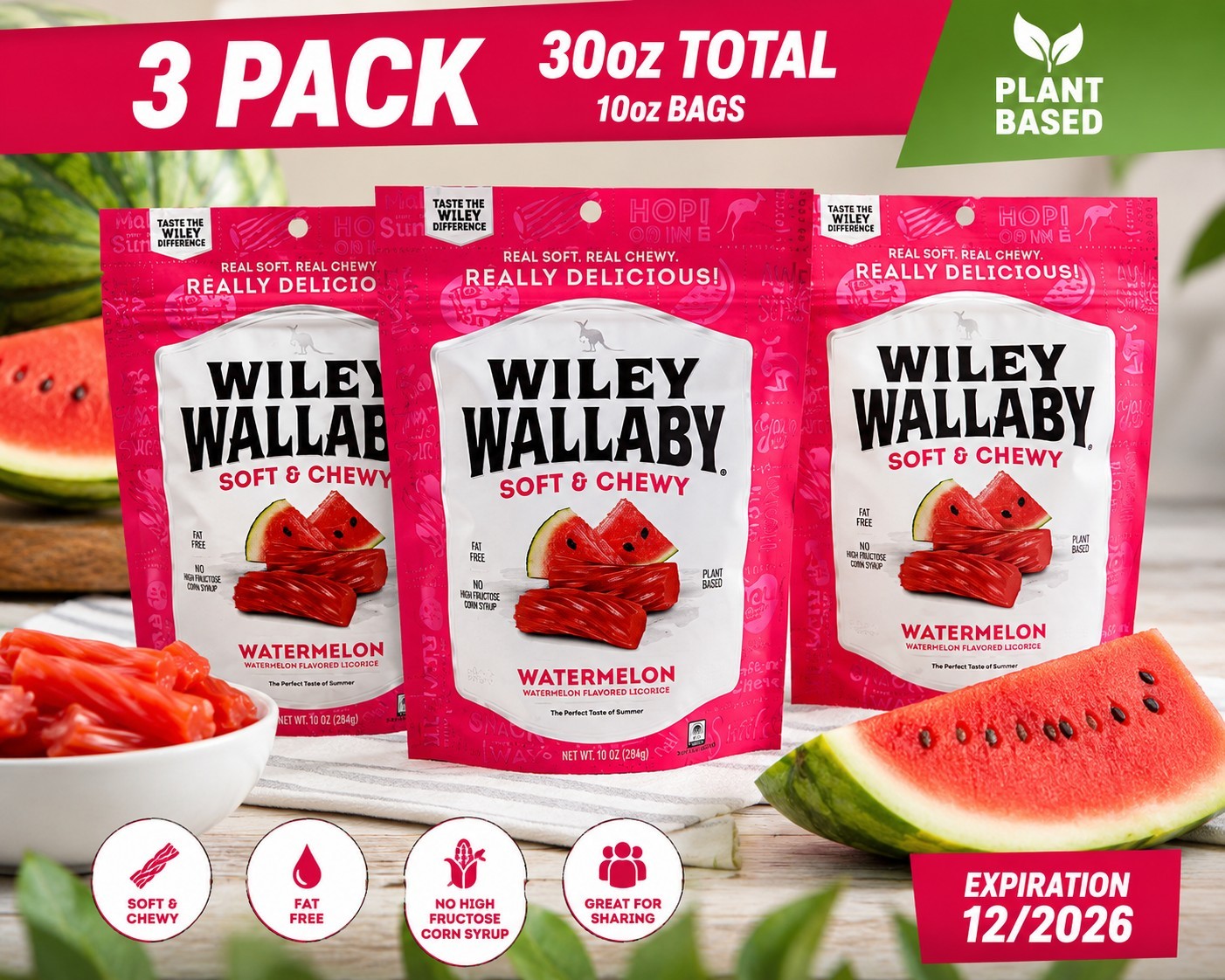 3 Pack Wiley Wallaby Watermelon Licorice Soft & Chewy Candy 10oz Bags 30oz gallery