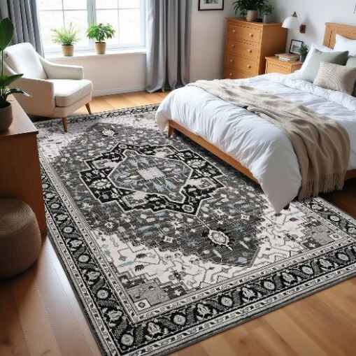 VINTAGE MACGRACE WASHABLE AREA ORIENTAL TRIBAL RUG 3 X 5 BLACK GRAY & BLUE gallery