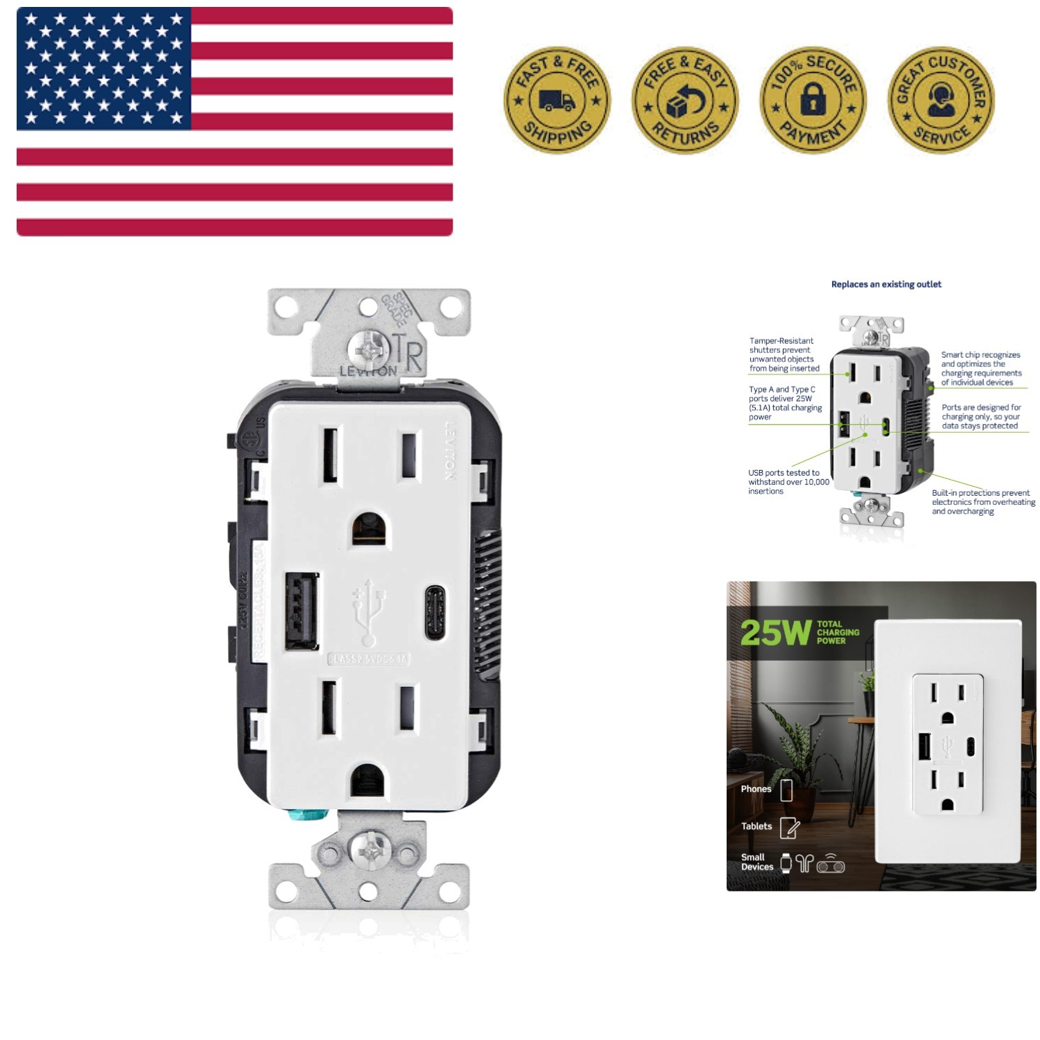Type A & Type-C USB In-Wall Charger with 15A Tamper-Resistant Outlet, USB Cha... gallery