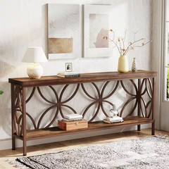 70.9 In. Walnut Cherry Brown Rectangle Engineered Wood Console Table with Storag