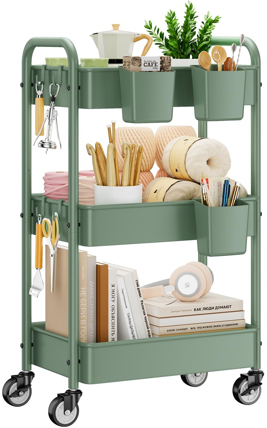 3-Tier Rolling Cart, Green, 66 Pounds Capacity, Mesh Storage Organizer with L... gallery
