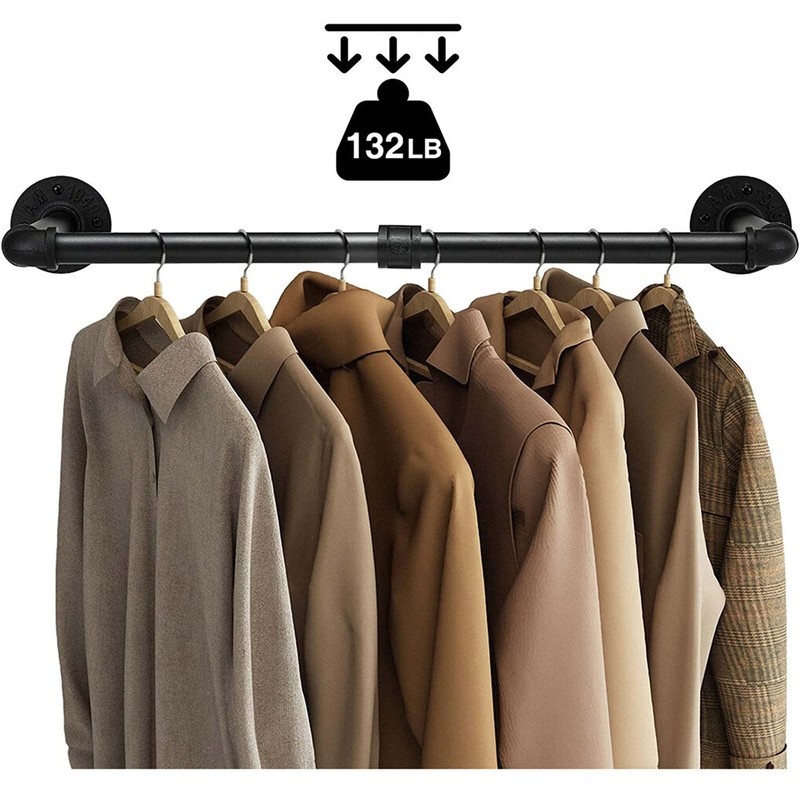 2pcs Wall Mount Pipe Clothes Rack Heavy Duty Black Garment Hanging Bar 4pcs Hook gallery