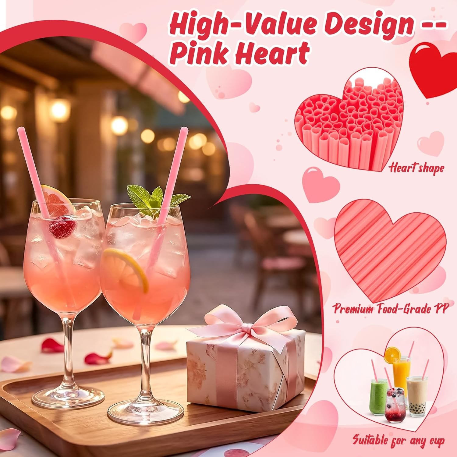 100PCS Valentines Day Heart Straws - Heart Shaped Pink Straws Plastic Disposable gallery
