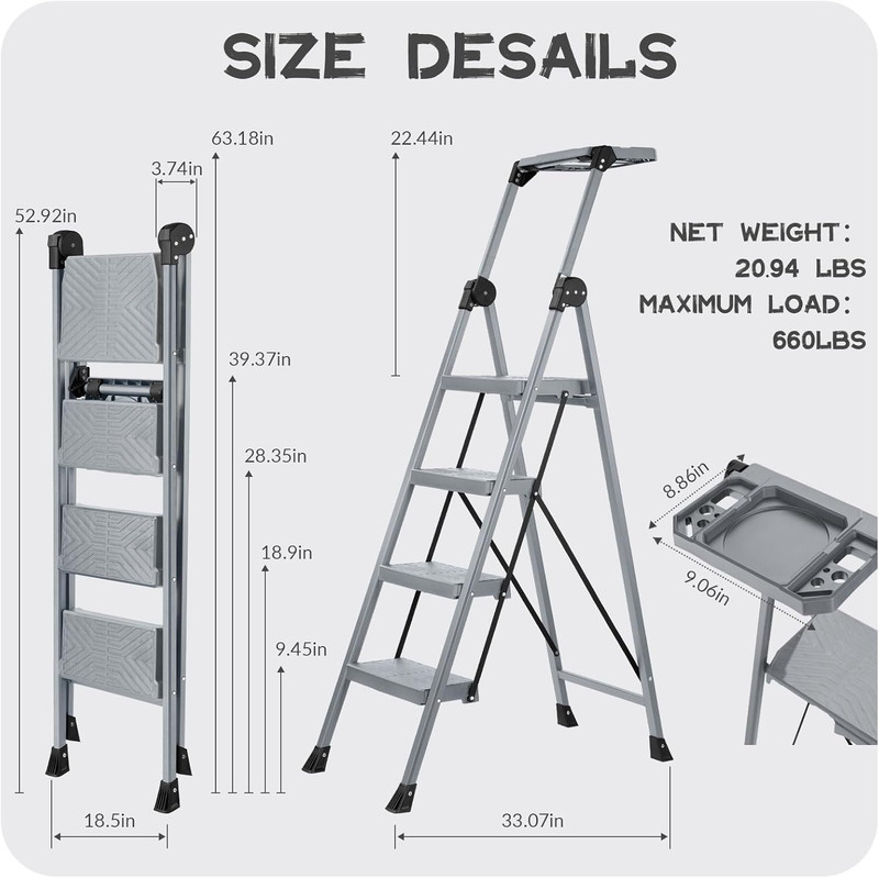 4 Step Ladder, Foldable Step Stool Ladder with Handrails & Tray, 660 Lbs Heavy D gallery