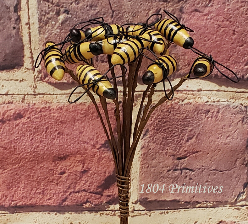 12 pcs Primitive BEE 9" Stems, Picks, Bunch with Wire Wings - Summer Crafts