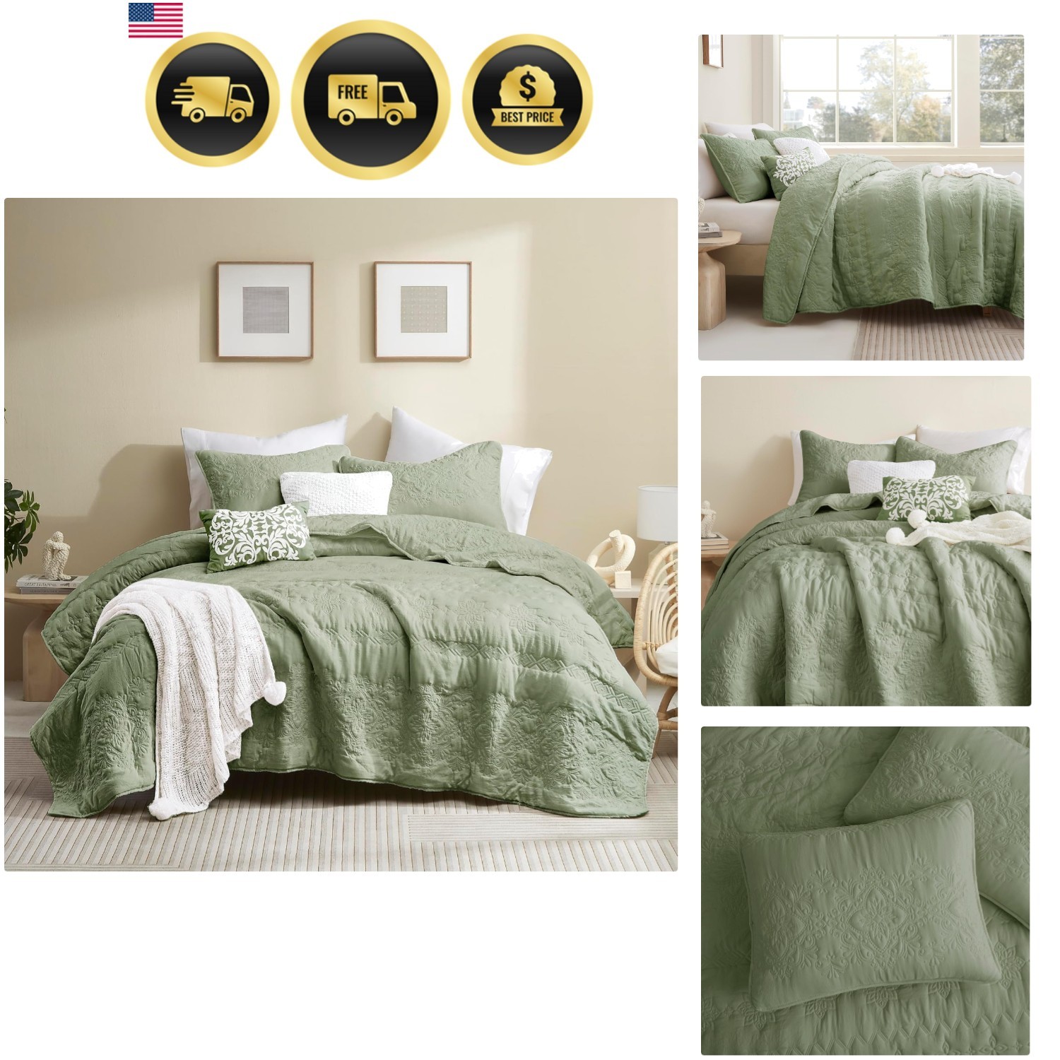 Boho Green Quilt Set King Size Bedding Comforter with Pillow Shams Floral gallery