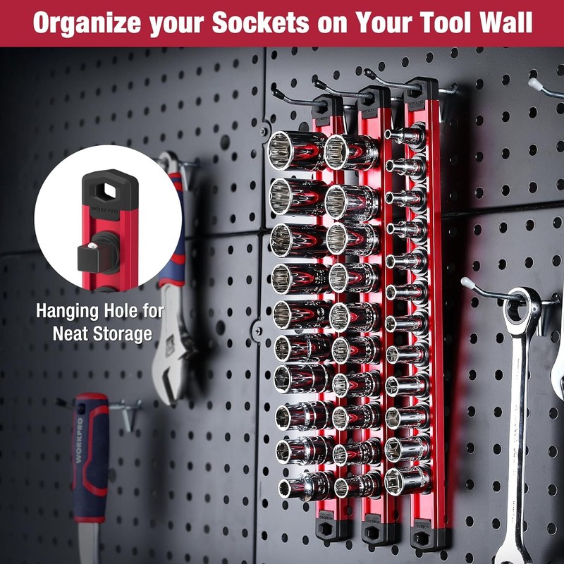 WORKPRO MultiColor 1/4'' Dr Magnetic Socket Organizer Aluminum Alloy Socket Rail gallery