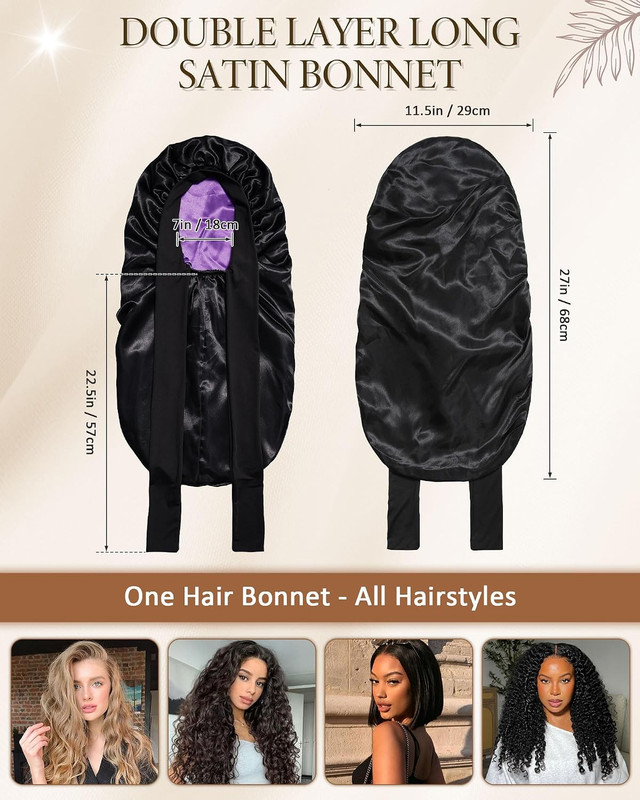 Long Satin Bonnet for Sleeping - Double Layer Reversible Silk Bonnet for Long Ha gallery