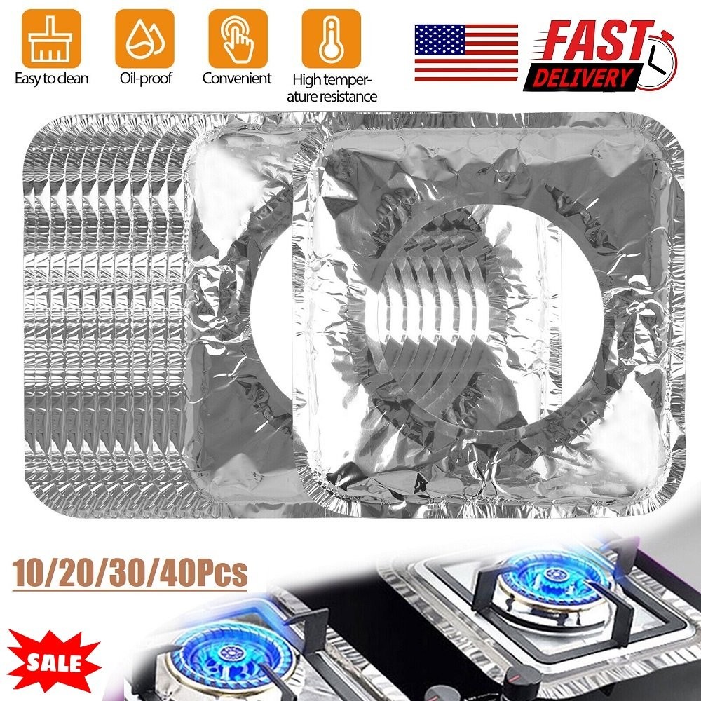 40Pcs Disposable Aluminum Foil Square Gas Stove Burner Liners Heavy Bib Cover US gallery