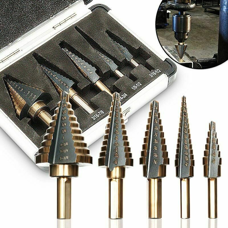 HSS 5PCS Titanium Step Drill Bit Set W Automatic Center Punch High Speed Steel gallery