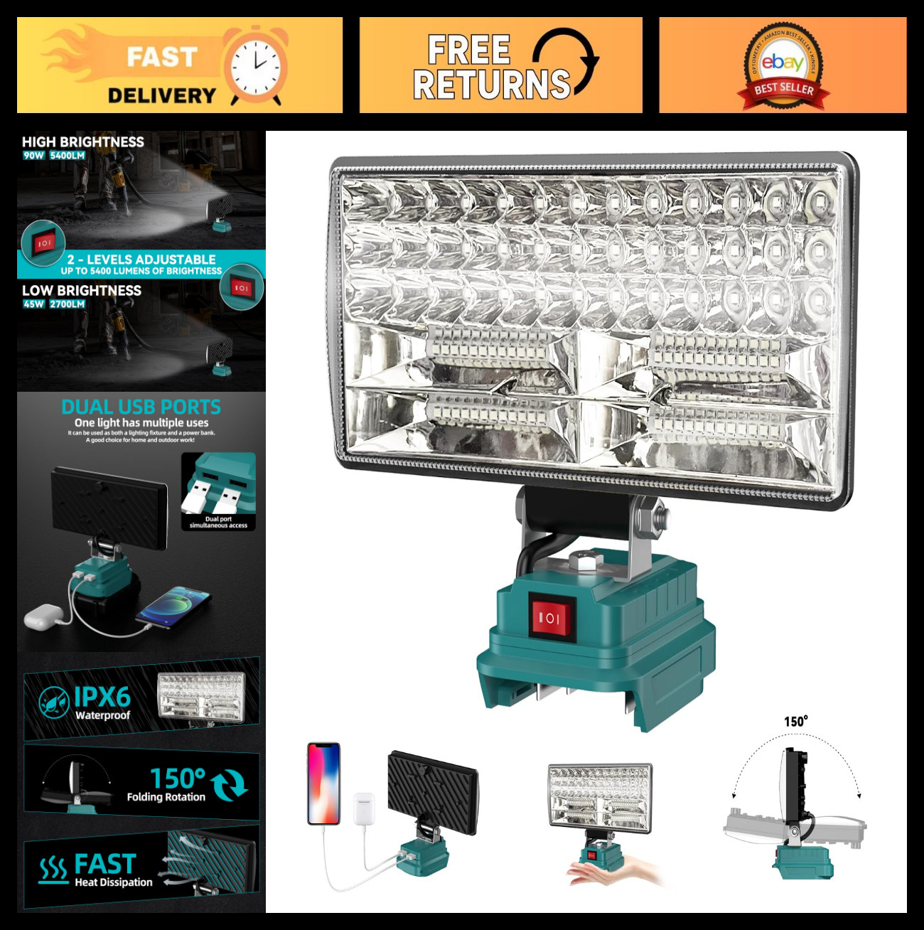8" Cordless LED Work Light, 5400 Lumens, USB Charging, 18V Battery Compatible, A gallery