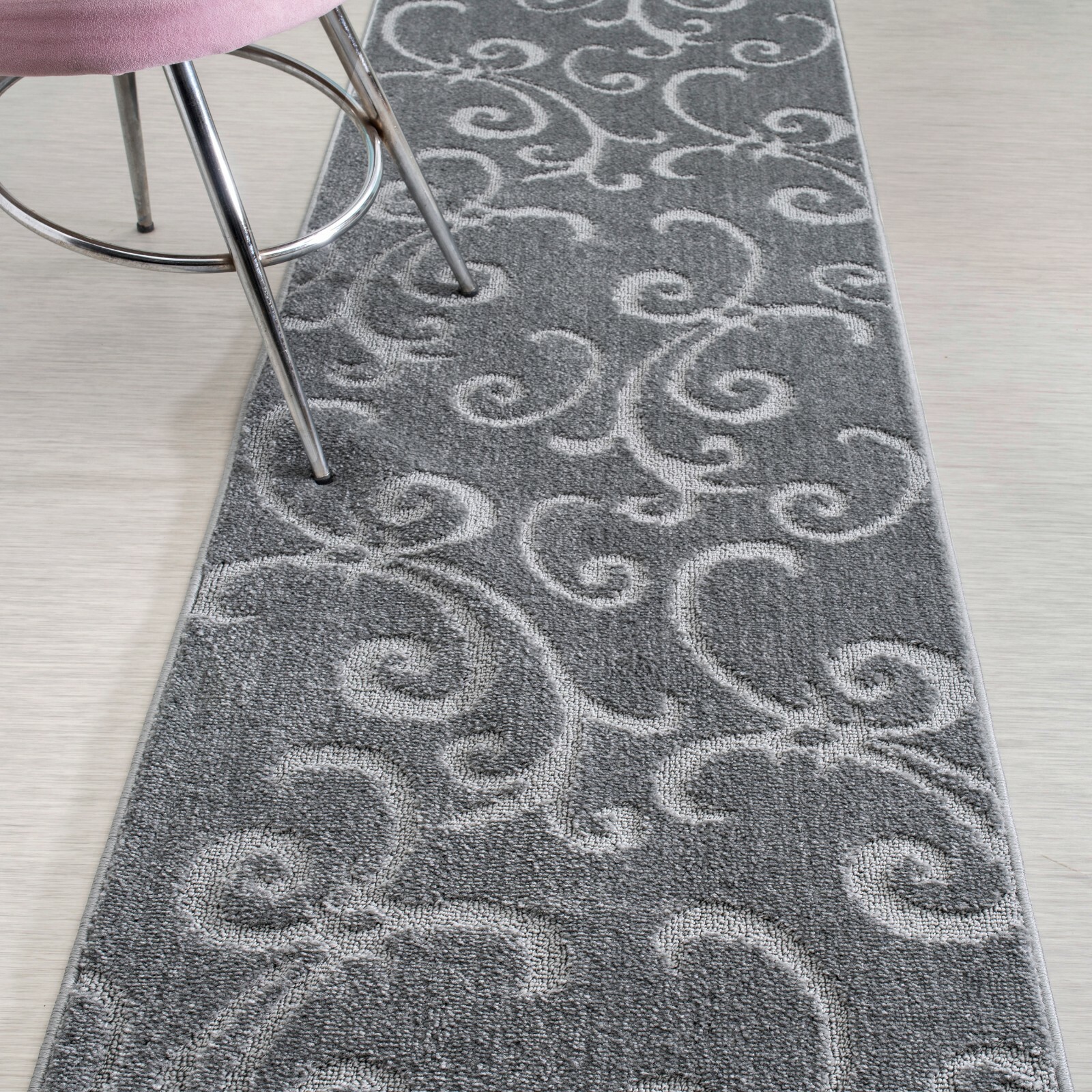 Custom Size Stair Hallway Entry Carpet Runner Rug Non Slip Backing, Scroll Grey gallery