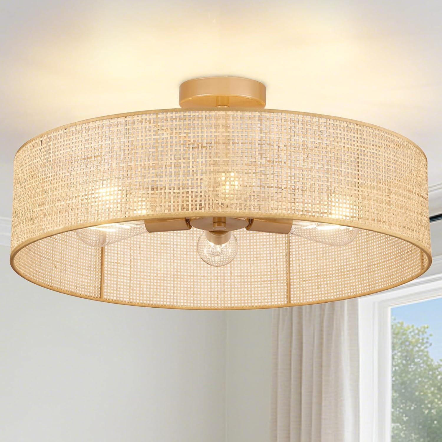 24 Inch Semi Flush Mount Ceiling Light Fixture with Woven Wicker Shade, Natural gallery