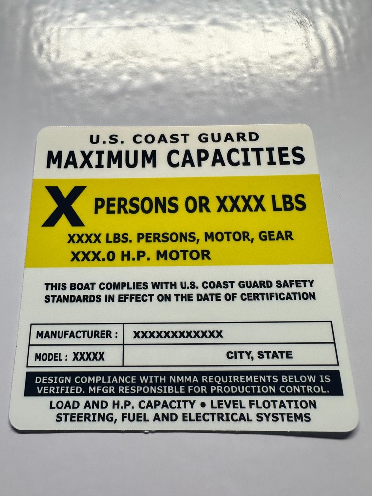 Custom Boat Capacity Plate Decal Sticker | USCG 4x4 Marine Tag 3M