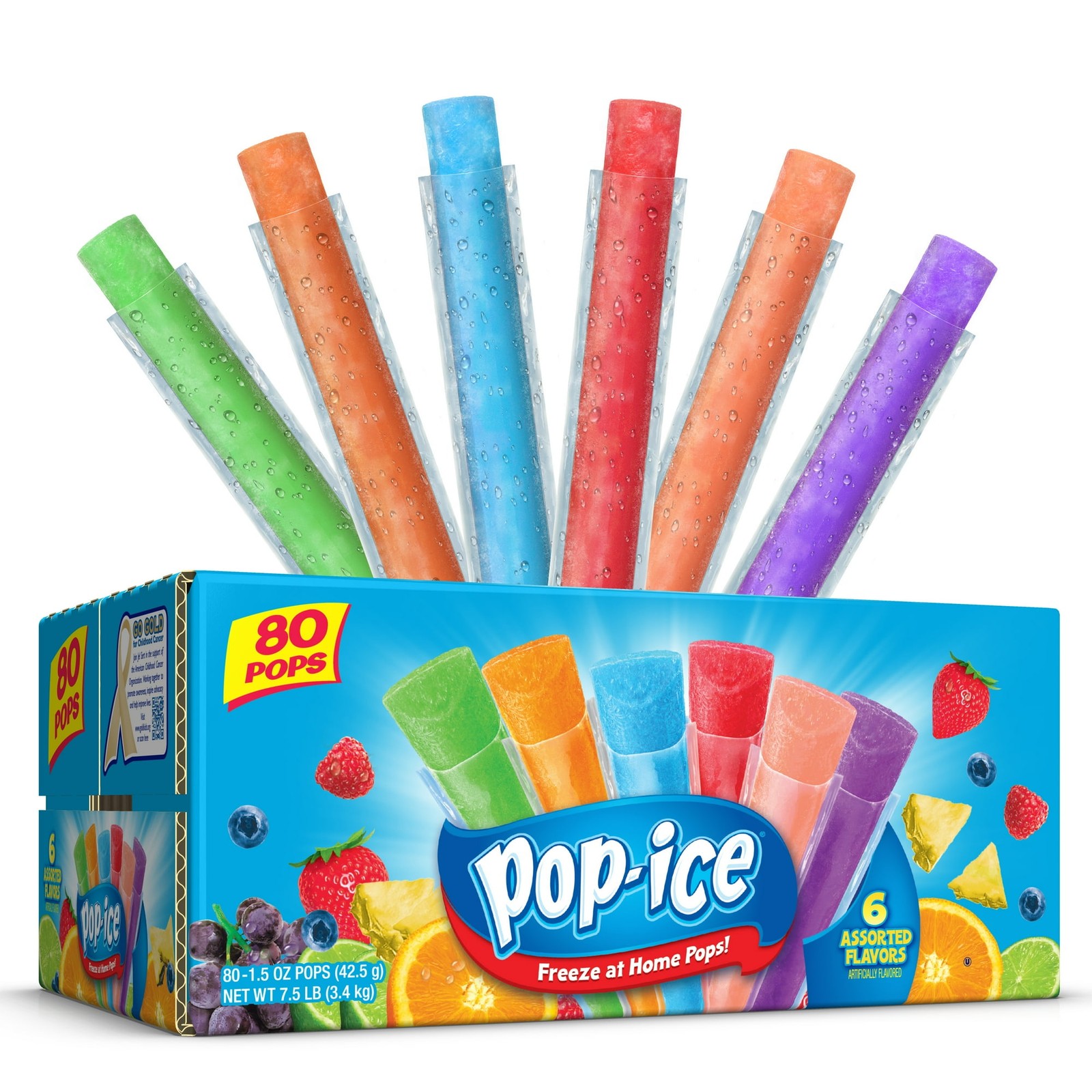 Pop-Ice Assorted Fruit Freezer Ice Pops, Gluten-Free Frozen Snack, 1.5 oz, 80 Ct gallery