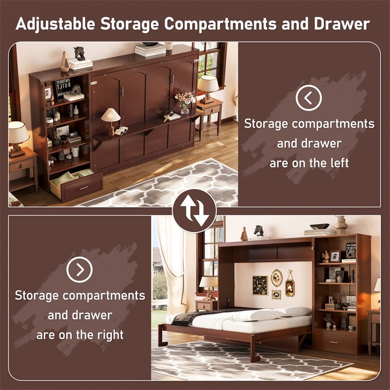 Queen Size Murphy Bed Multifunctional Foldable Bed Wall Bed Frame w/Drawer Walnu gallery