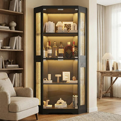4-Tier Glass Display Cabinet with Lights & Charging Ports for Living Room