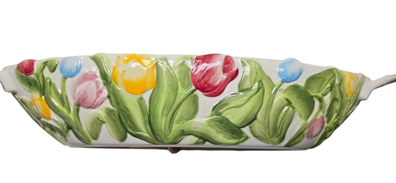 Temptations 17 1/2" Embossed Figural Florals Spring Tulip Bowl Bold Colors NOS gallery