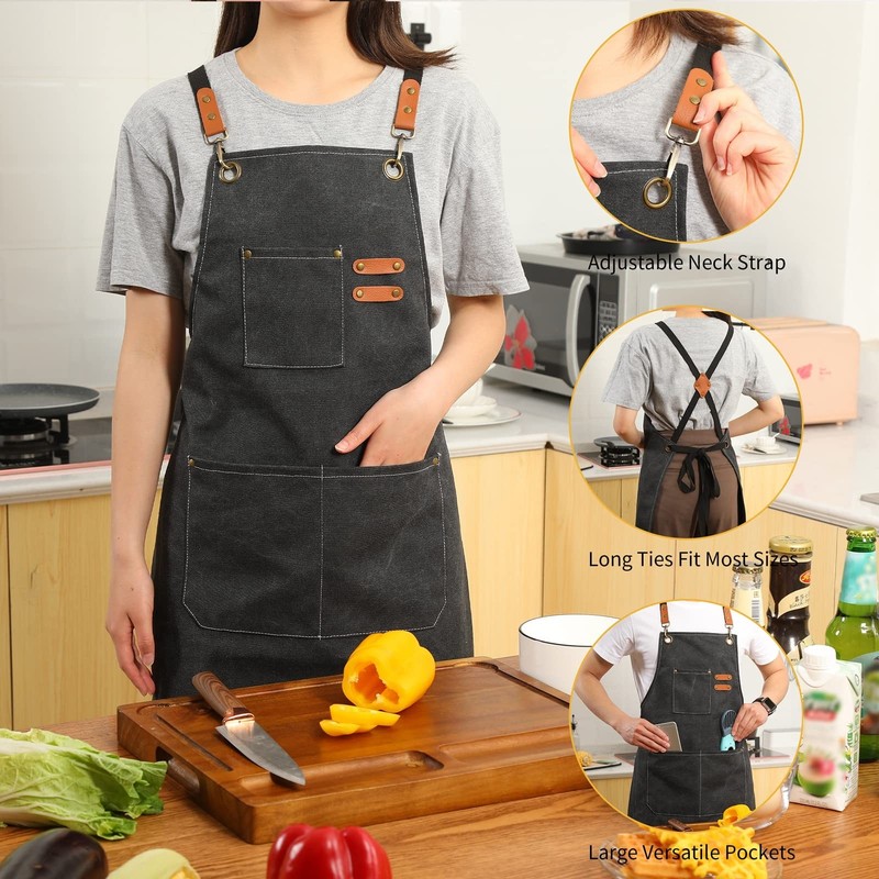 2 Pack Canvas Cross Back Chef Apron for Men Women with Pockets, Cotton Tool A... gallery