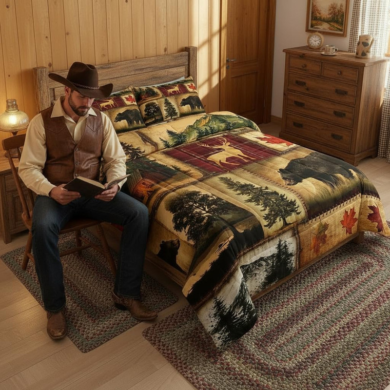 Rustic Farmhouse Bedding Comforter Sets King Size, Retro Cabin Lodge Bedding Set gallery