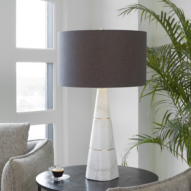 Luxe Tapered White Marble Pyramid Table Lamp 29 in Faceted Gray Veined Brass gallery