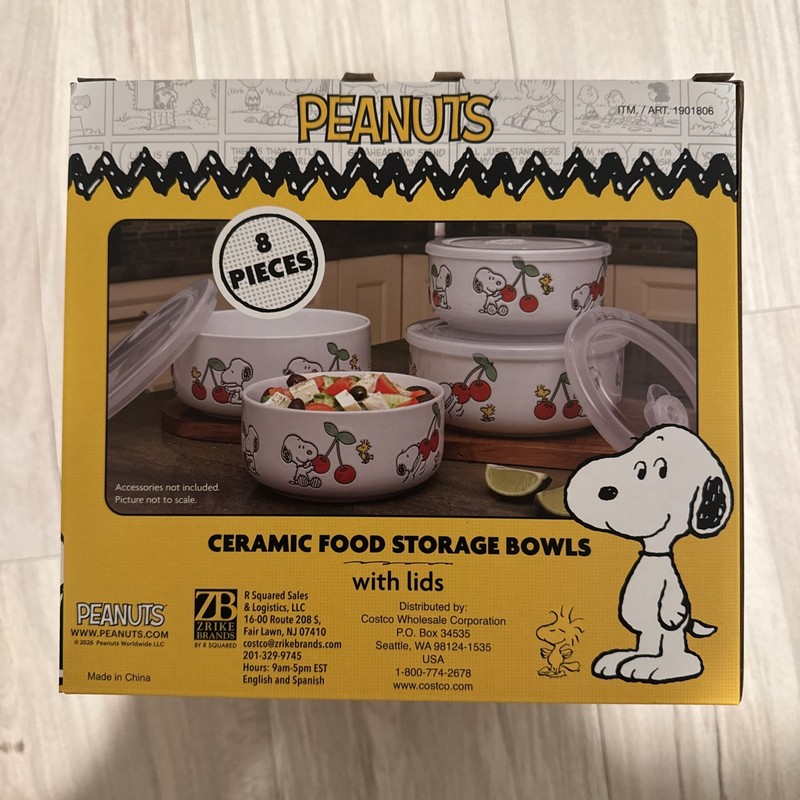Peanuts Snoopy 8 PC Ceramic Food Storage Bowls w/ Lids Cherries gallery