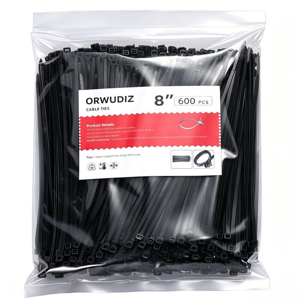 ORWUDIZ Cable Zip Ties, 8 Inch Black 600 Pcs, 8*1.38 inches, 600pcs gallery