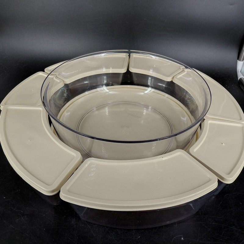 Vint Thermo Serv Storage Container Set Separated Round Snack 16 Cp Beige Lid USA gallery