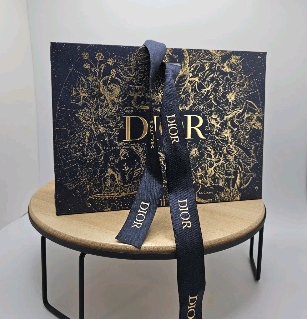 NEW CHRISTIAN DIOR Limited Edition Holiday Gift Bag Ribbon Navy Blue & Gold gallery