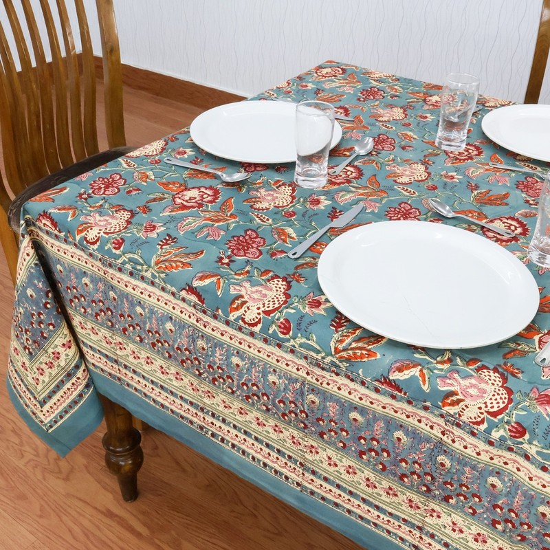 Blue & Green, Floral Block Printed Table Cover, Rectangular Christmas Tablecloth gallery