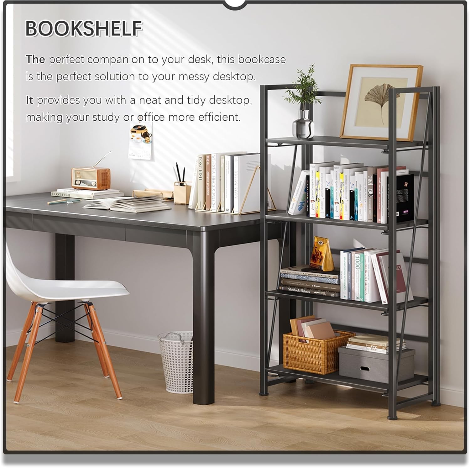 No Assembly Folding Bookshelf Storage Shelves 4 Tier Bookcase Standing Rack gallery