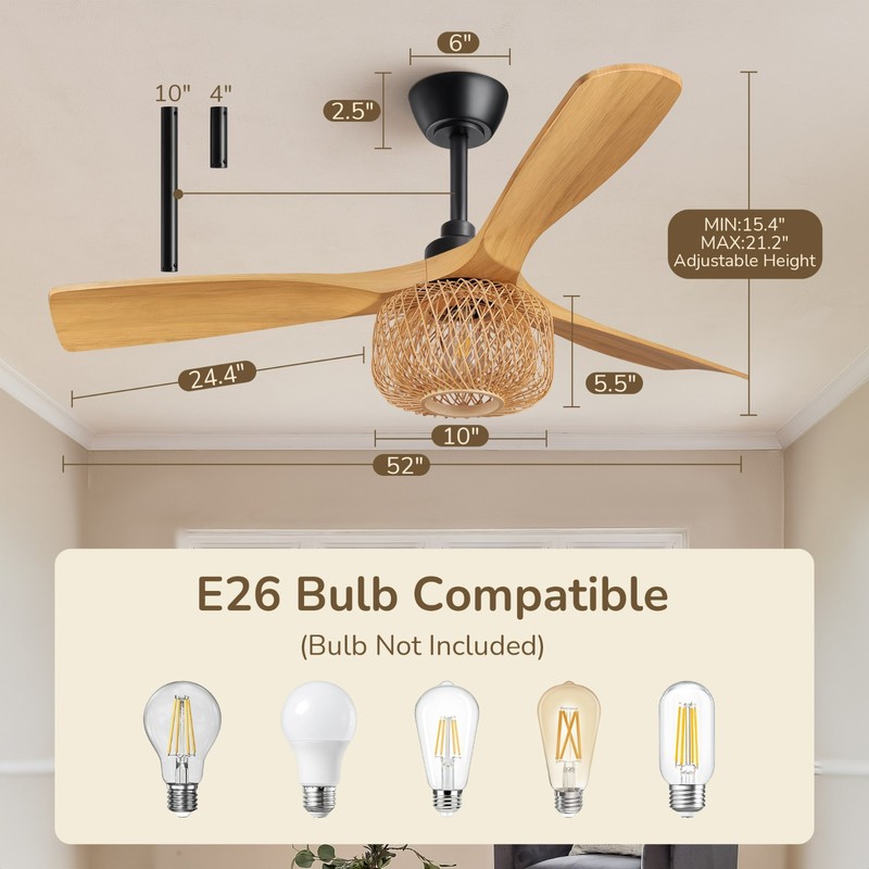 EDISHINE 52" Boho Ceiling Fan with Remote, Bamboo Shade, 6-Speed Reversible DC gallery