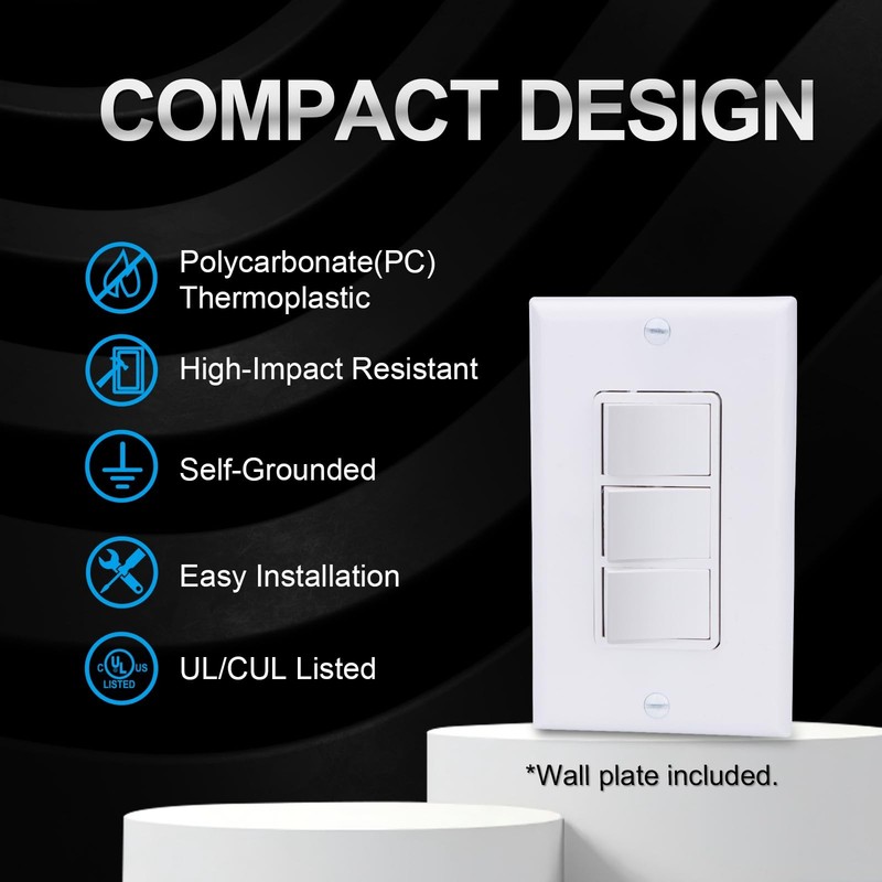 Triple Rocker Light Switch with Wall Plate, 15A 120V Single Pole, 3 Individua... gallery