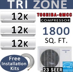 36,000 BTU Tri Zone Ductless Mini Split Air Conditioner Heat Pump : 12000 x 3