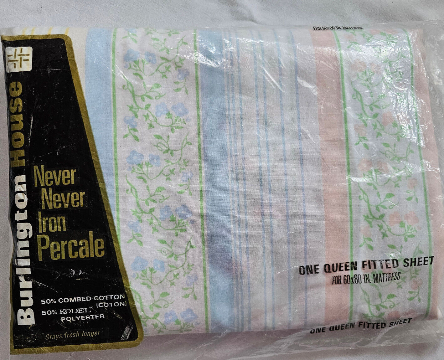 Vintage Silk Ribbons Fitted Sheet Queen Blue Peach Green Blend USA MCM gallery