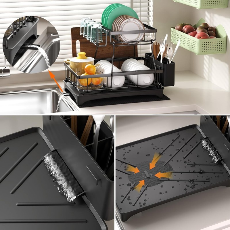 2-Tier Auto-Drain Dish Drying Rack with Mat, Knife Cup Holder, Rustproof Kitchen gallery