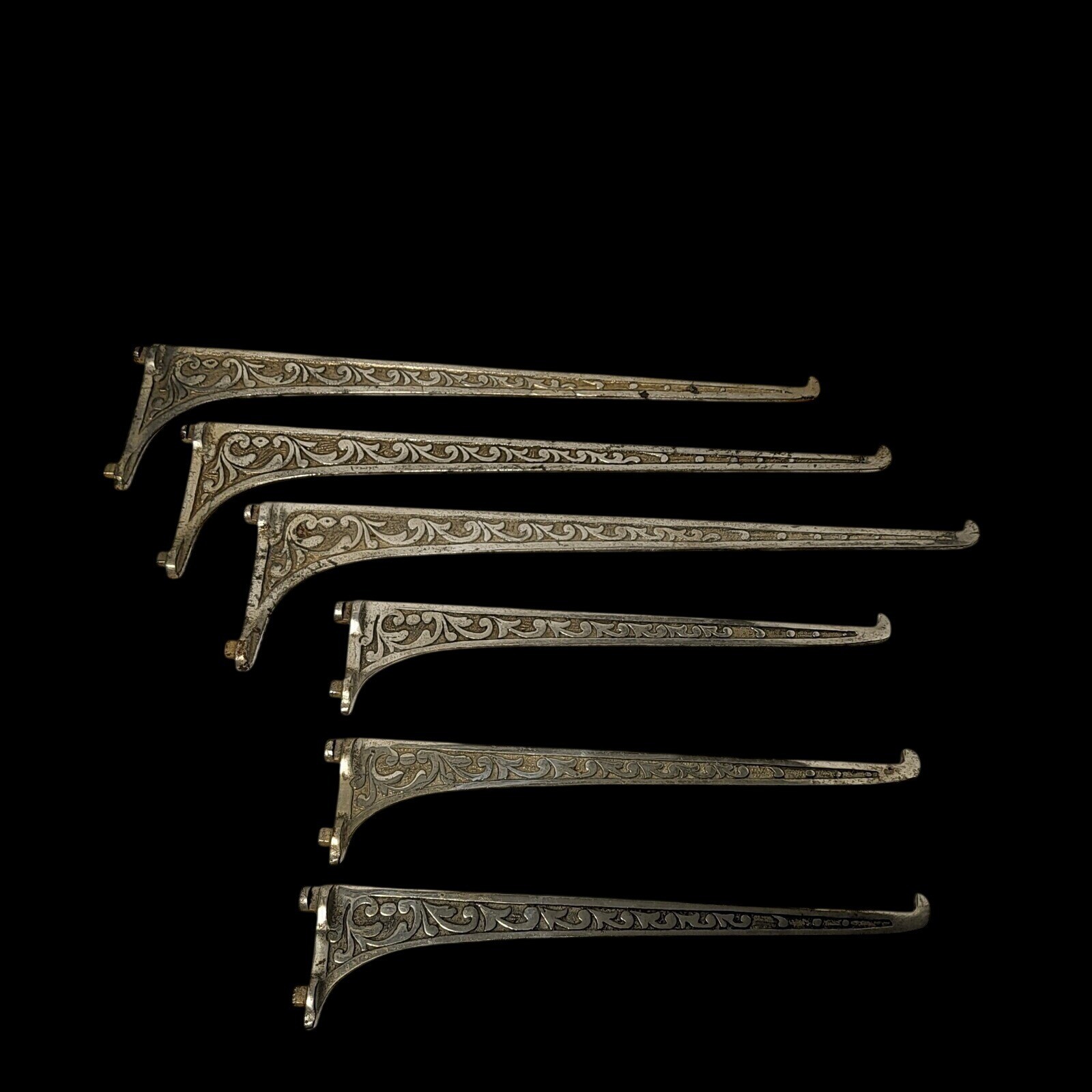Set of 6 Ornate Scrollwork Shelf Brackets Silver Tone Cast Metal Victorian Style gallery