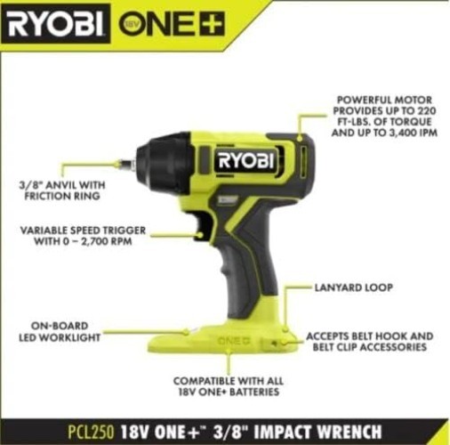 High Torque 18V Cordless 3/8" Impact Wrench - 220 ft-lbs, Tool Only gallery