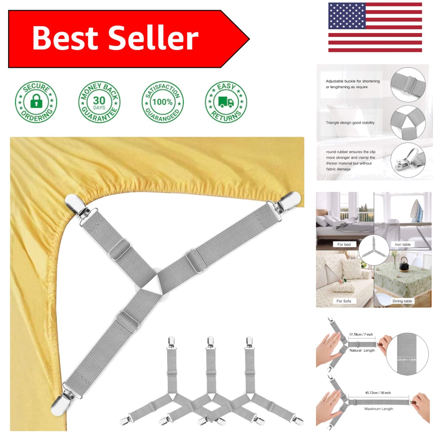 4 Adjustable Fitted Bed Sheet Holders - Elastic Clips to Stay in Place gallery