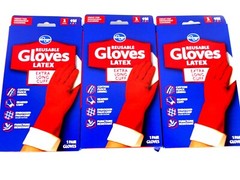 3 PAIRS MEDIUM Comfort REUSABLE Gloves EXTRA LONG CUFF Superior Protection, RED