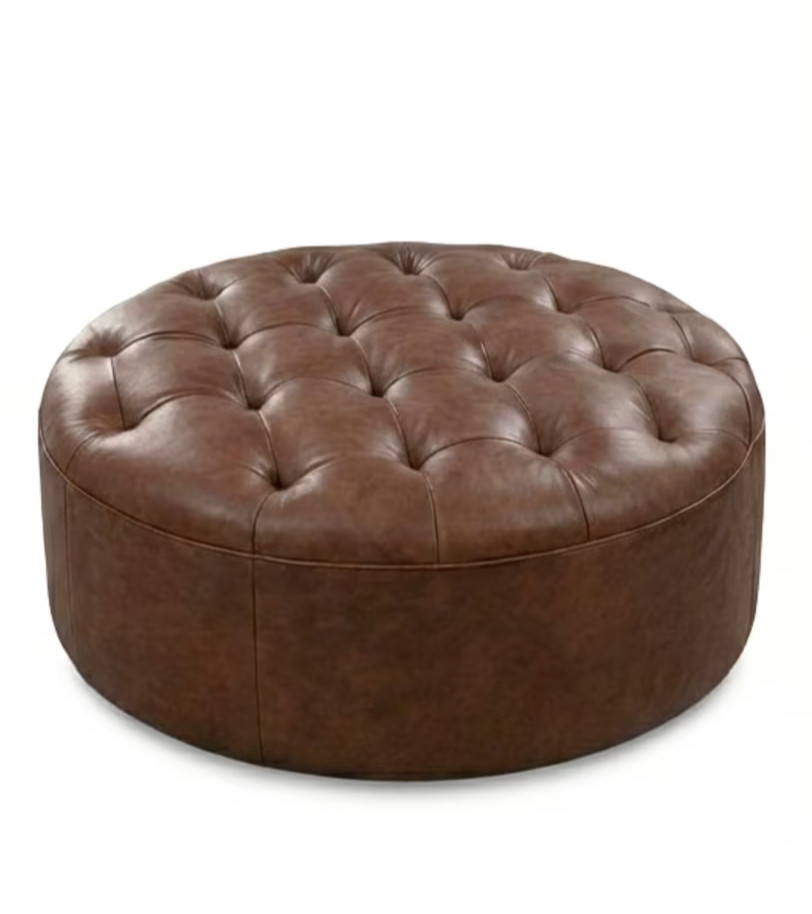 Authentic Tufted Leather Ottoman Large Round Coffee Table Pouf Dark Brown gallery