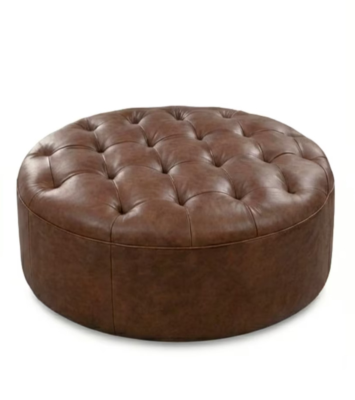 Authentic Tufted Leather Ottoman Large Round Coffee Table Pouf Dark Brown gallery