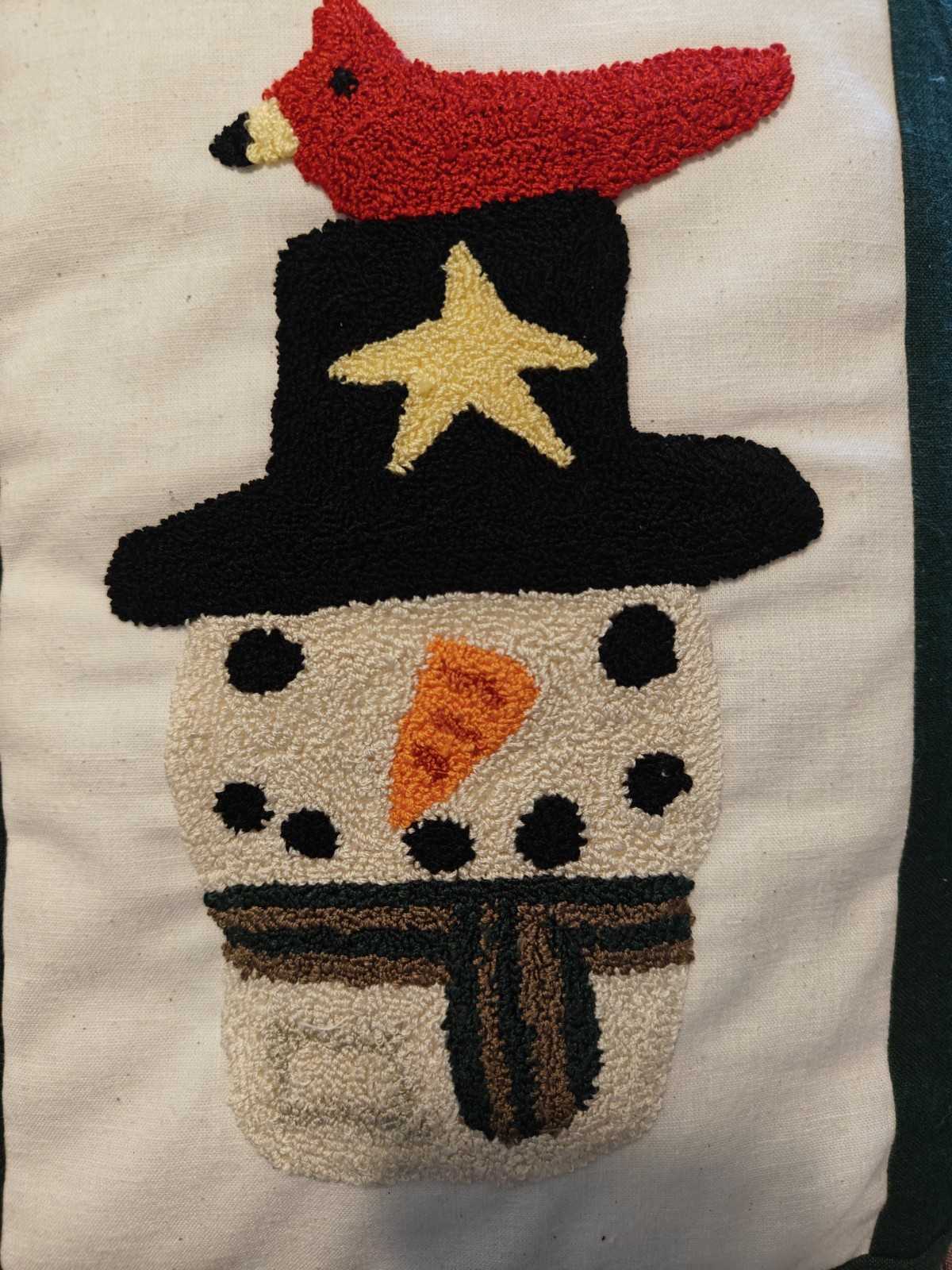 Primitive Snowman Cardinal Pillow Needle Punch Art Plaid Handmade 16" X 12" gallery