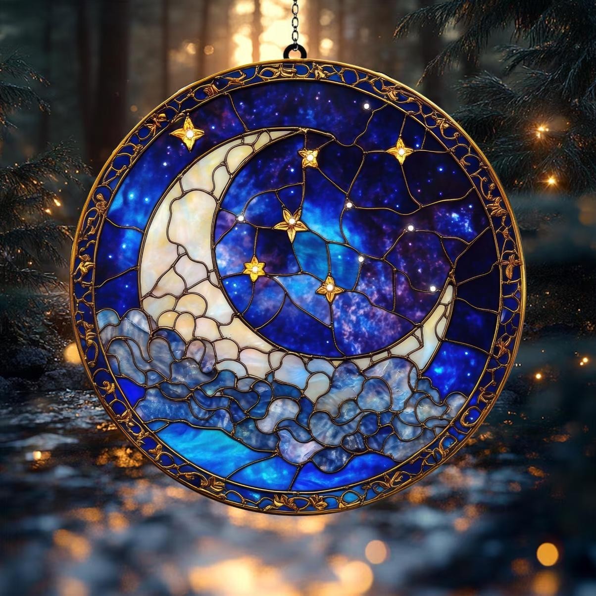Moon and Star Suncatcher,Celestial Night Sky Stained Glass Suncatcher Decoration gallery