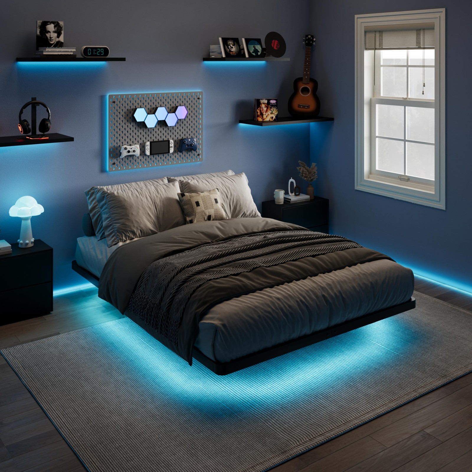 SHA CERLIN Floating Bed Frame Full Size with Smart LED Lights and Charging St... gallery
