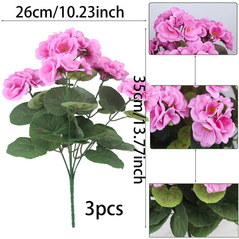 3 Pcs Artificial Geraniums Flowers Silk Geraniums for Outdoors UV Resistant Purp gallery